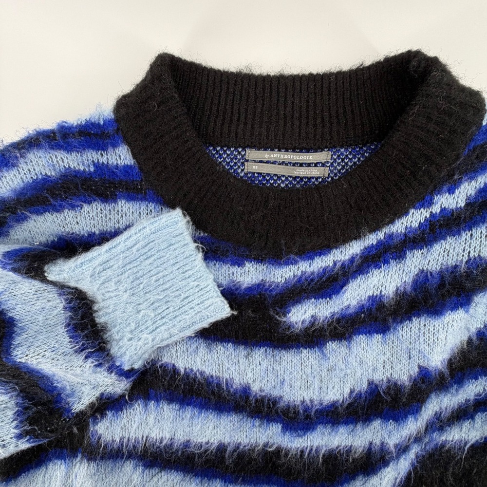See U Soon Anthropologie Zebra Print Fuzzy Sweater XS Blue Black‎ Acrylic